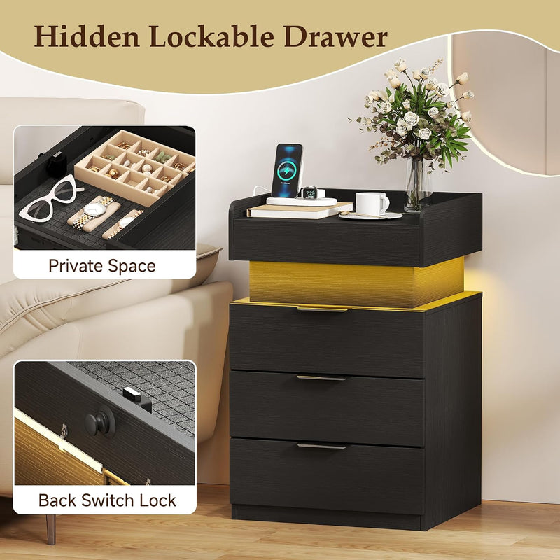 Bedside Table with LED Charging Station and Hidden