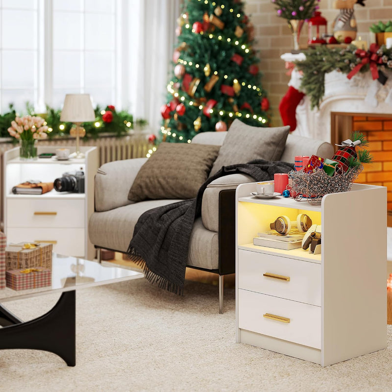 Bedside Table with LED Charging Station and Hidden