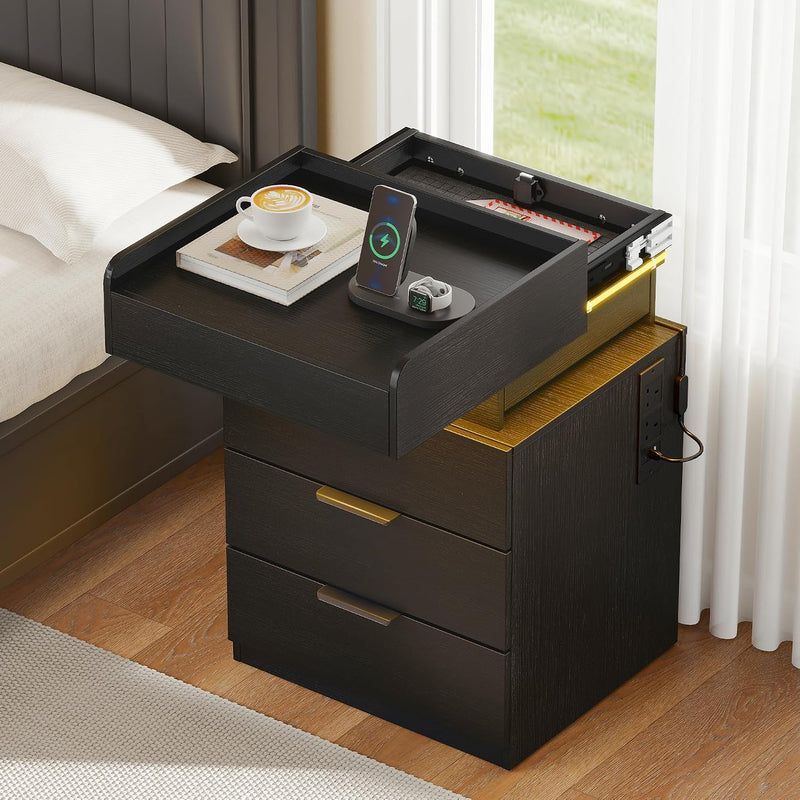 Bedside Table with LED Charging Station and Hidden