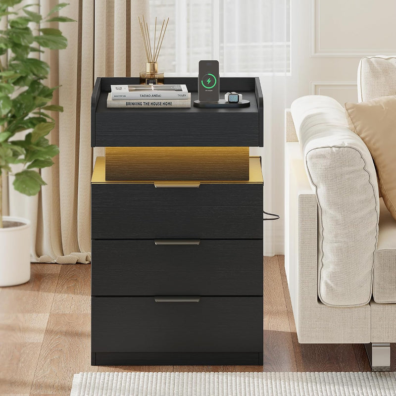 Bedside Table with LED Charging Station and Hidden