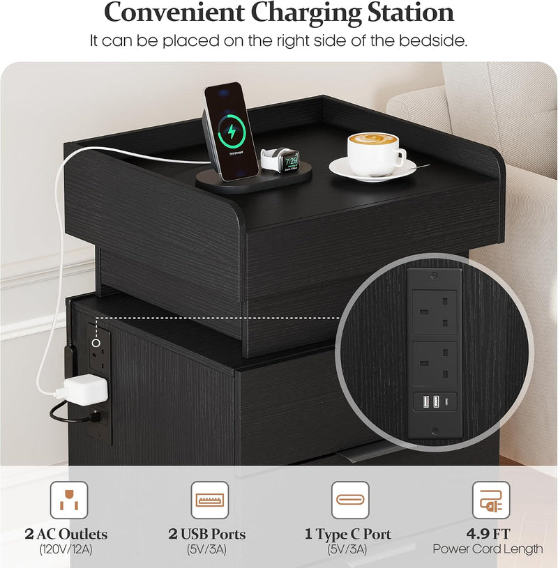 Bedside Table with LED Charging Station and Hidden