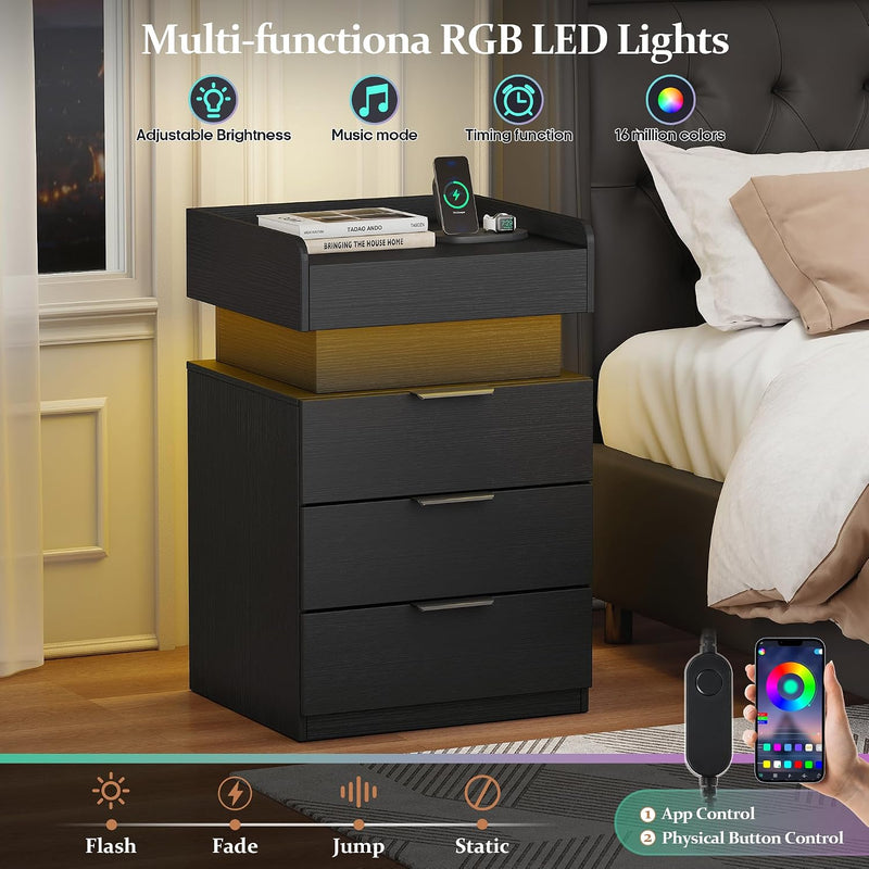 Bedside Table with LED Charging Station and Hidden
