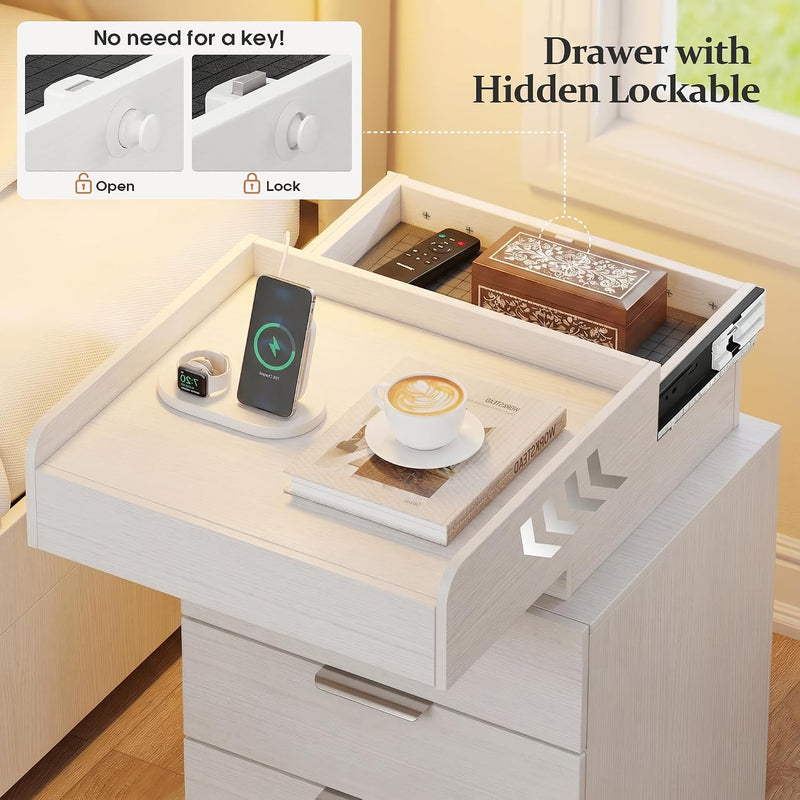 Bedside Table with LED Charging Station and Hidden