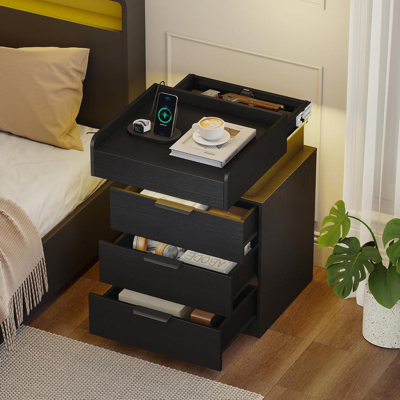 Bedside Table with LED Charging Station and Hidden