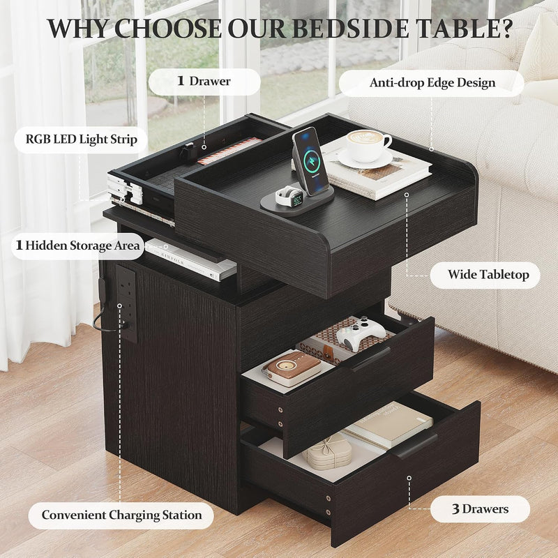 Bedside Table with LED Charging Station and Hidden