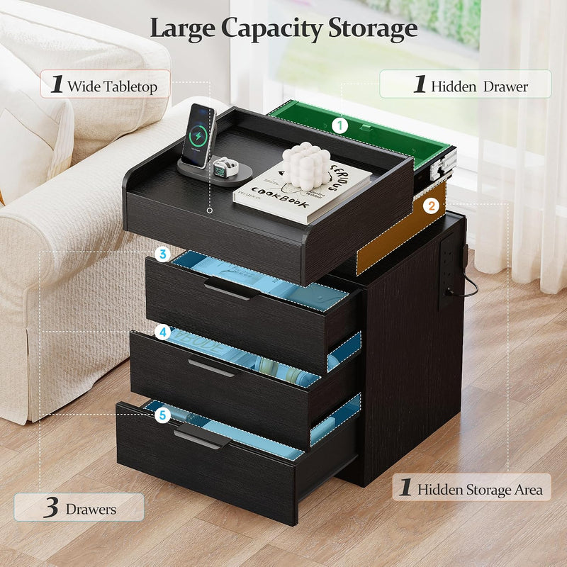 Bedside Table with LED Charging Station and Hidden