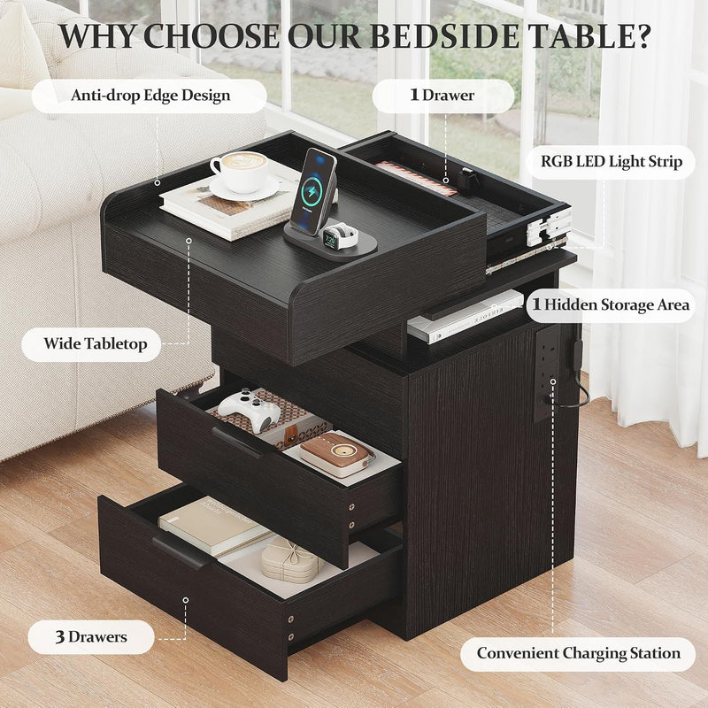 Bedside Table with LED Charging Station and Hidden