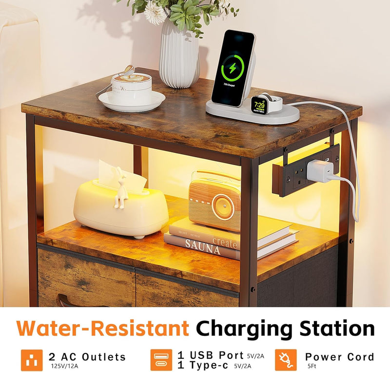 Bedside Table with LED Light and Charging Station