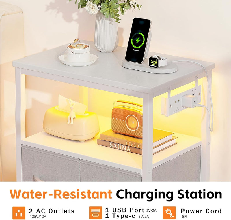 Bedside Table with LED Light and Charging Station