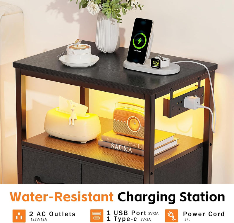Bedside Table with LED Light and Charging Station