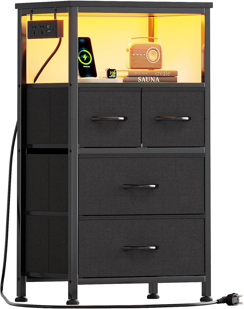 Bedside Table with LED Light and Charging Station