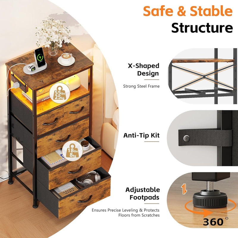 Bedside Table with LED Light and Charging Station