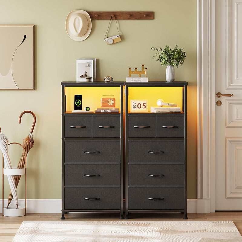 Bedside Table with LED Light and Charging Station
