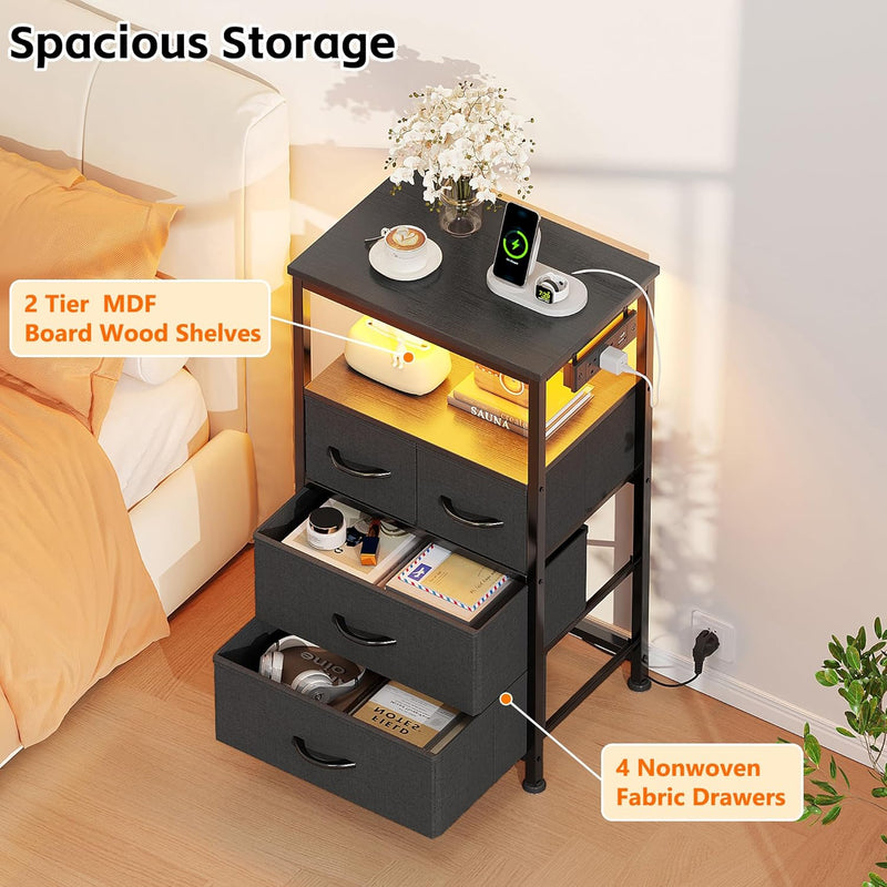 Bedside Table with LED Light and Charging Station