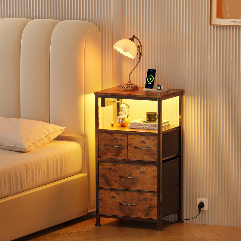 Bedside Table with LED Light and Charging Station