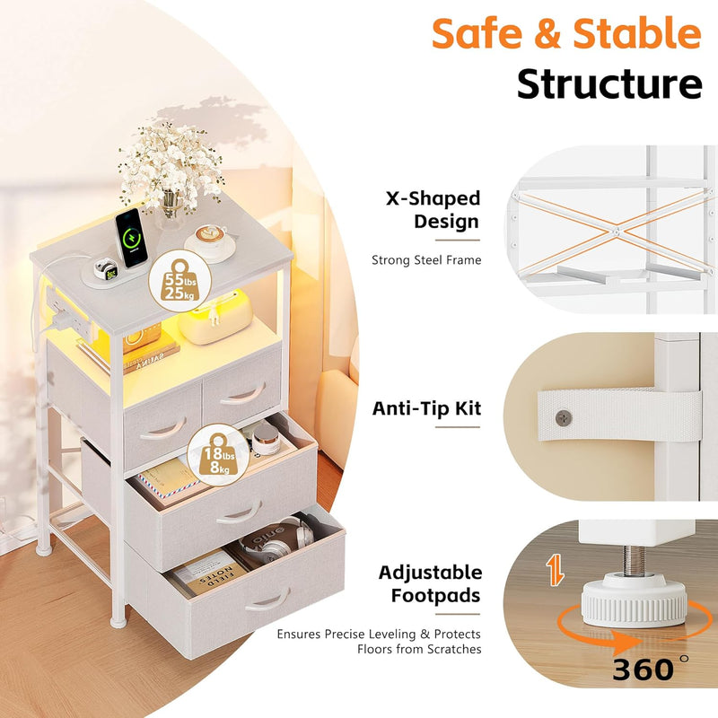 Bedside Table with LED Light and Charging Station