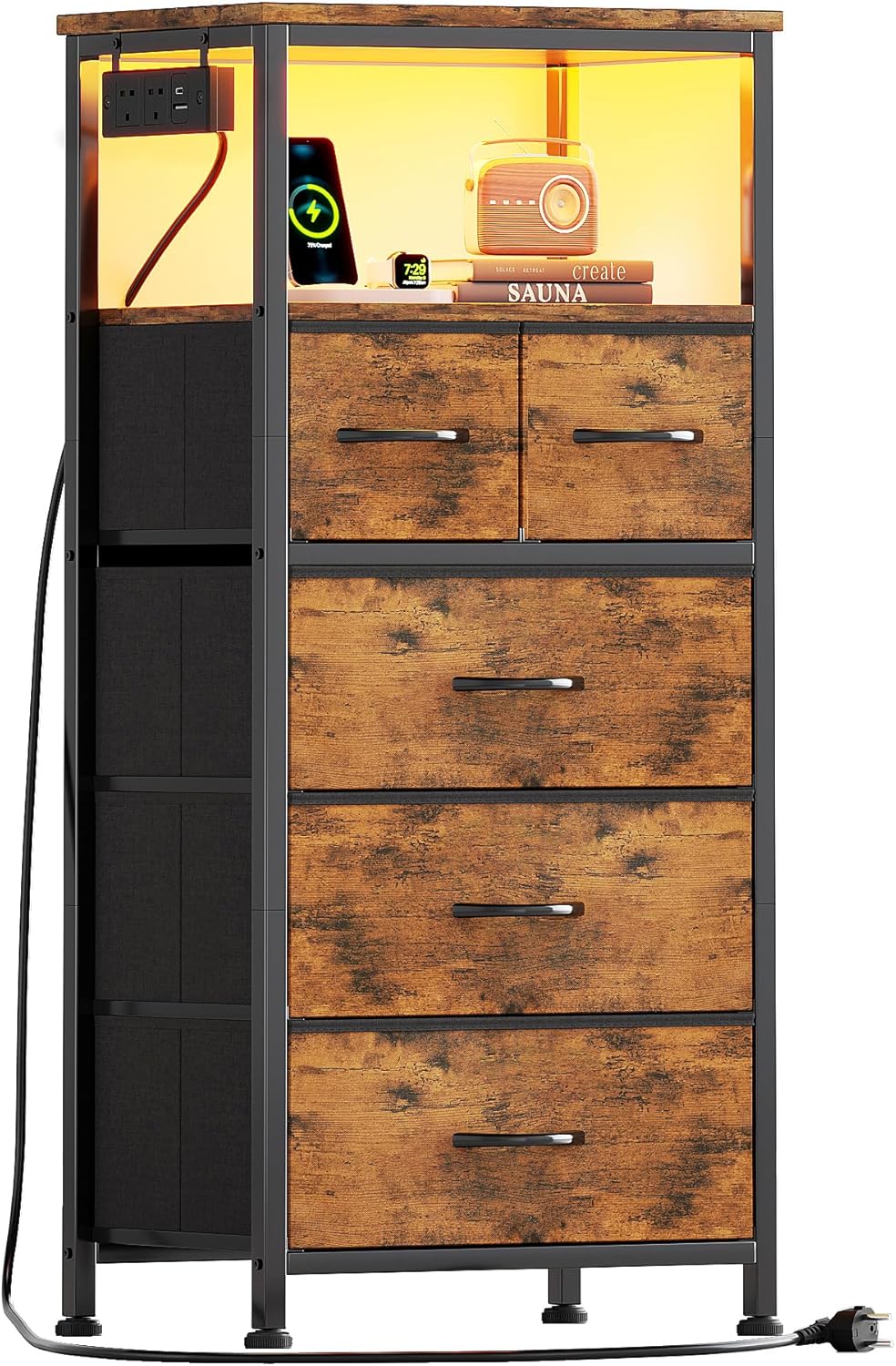 Bedside Table with LED Light and Charging Station