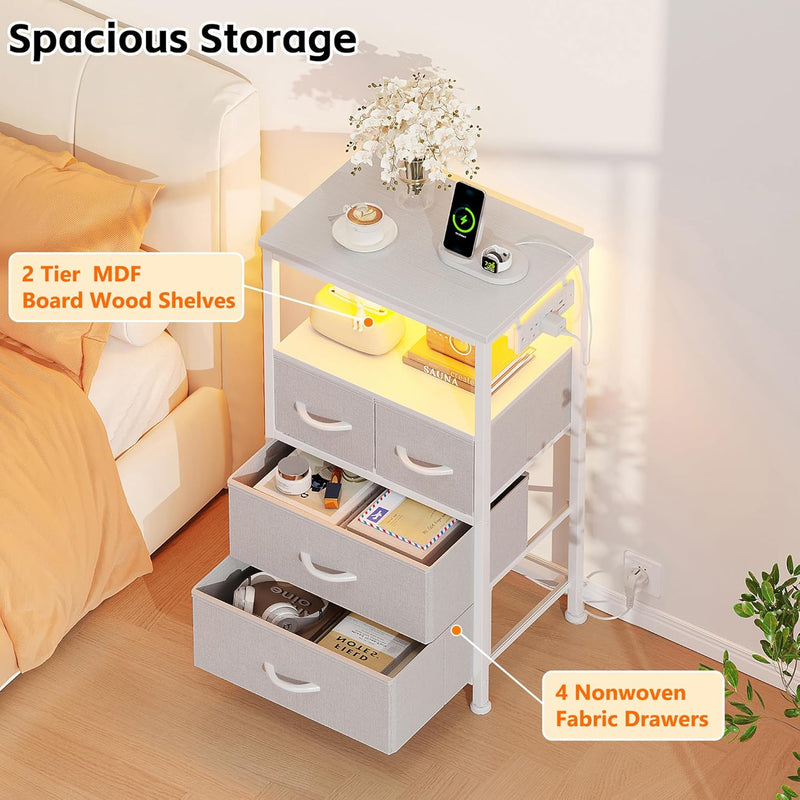 Bedside Table with LED Light and Charging Station