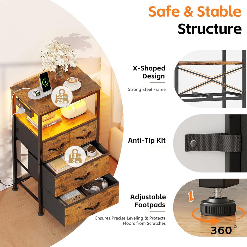 Bedside Table with LED Light and Charging Station