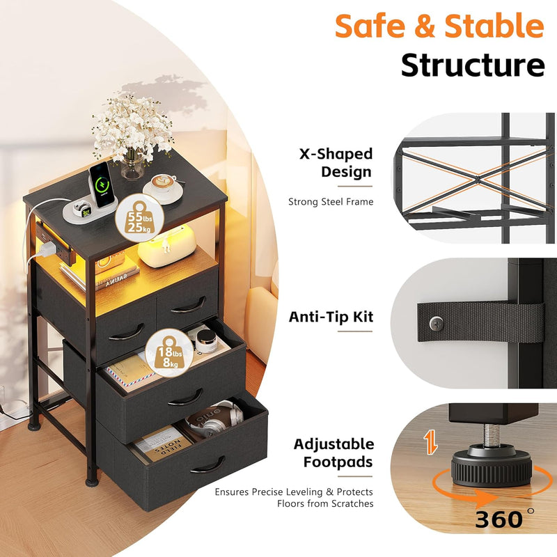 Bedside Table with LED Light and Charging Station
