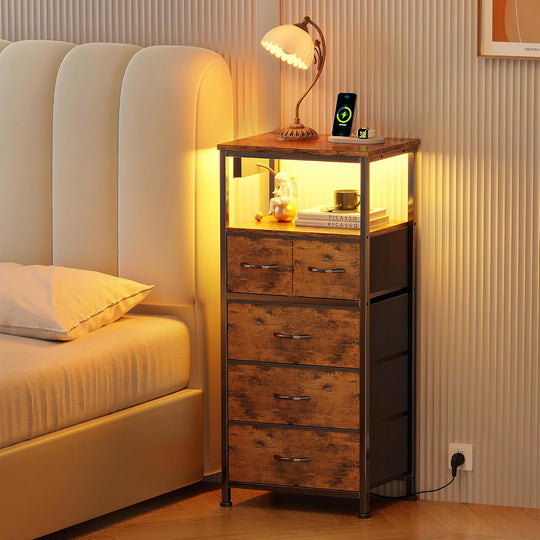Bedside Table with LED Light and Charging Station