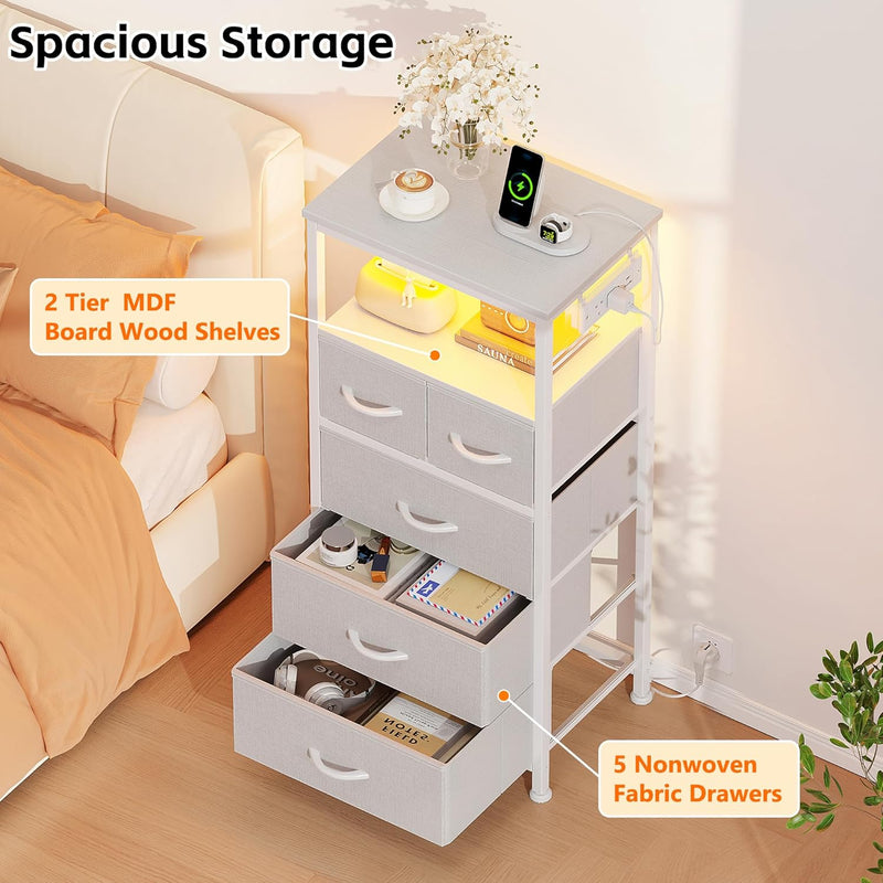 Bedside Table with LED Light and Charging Station