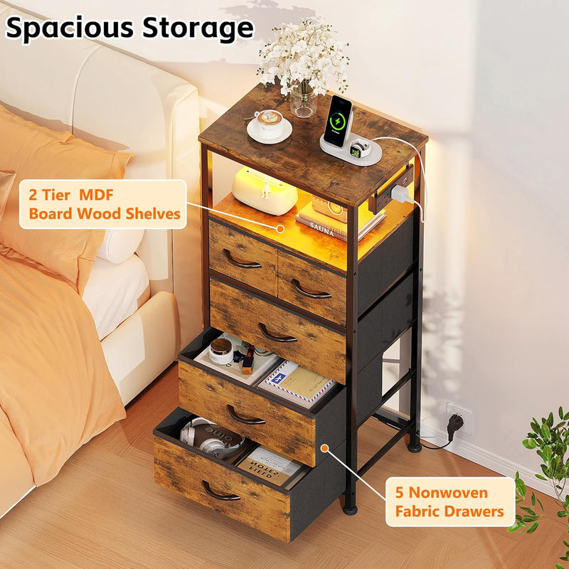 Bedside Table with LED Light and Charging Station