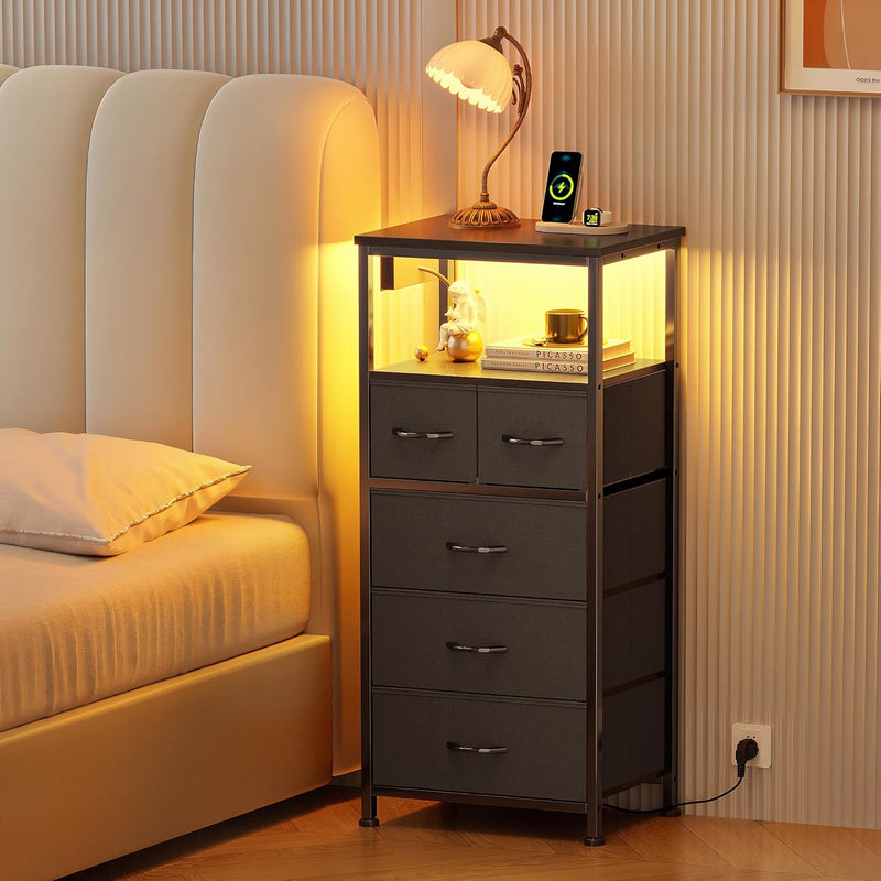 Bedside Table with LED Light and Charging Station
