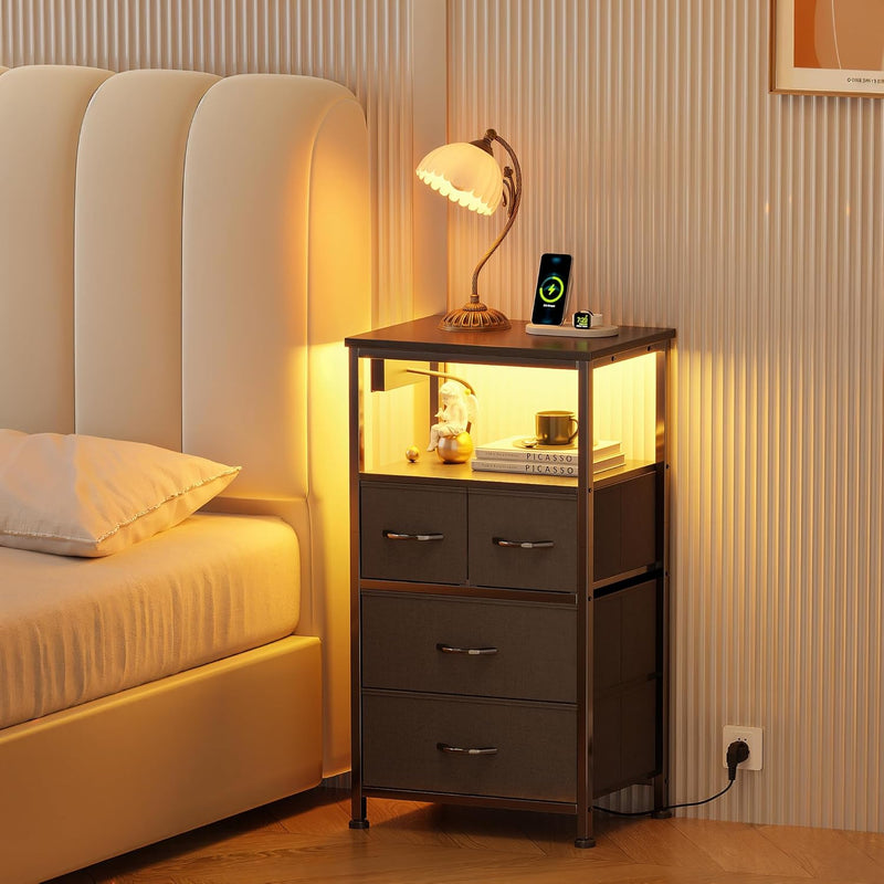 Bedside Table with LED Light and Charging Station