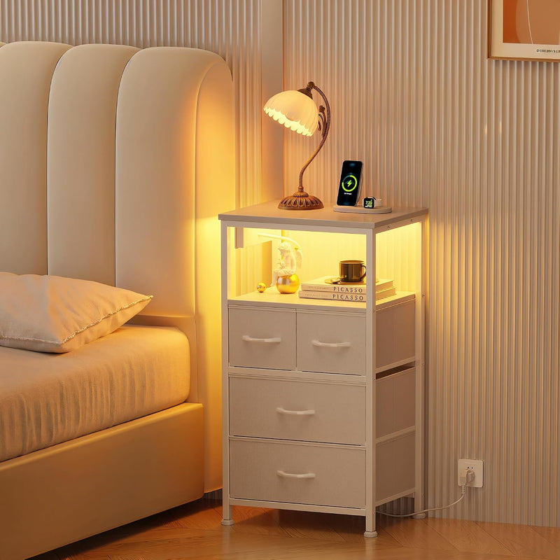 Bedside Table with LED Light and Charging Station