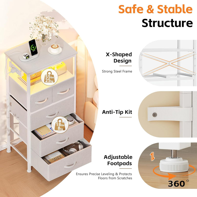 Bedside Table with LED Light and Charging Station