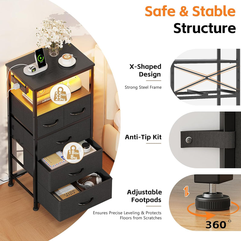 Bedside Table with LED Light and Charging Station