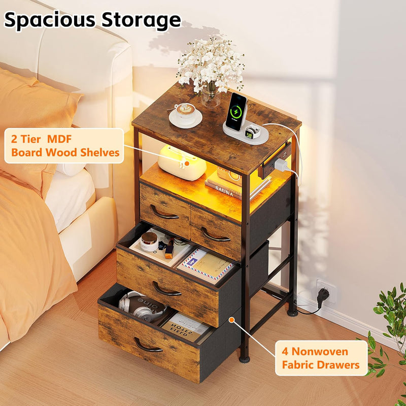 Bedside Table with LED Light and Charging Station