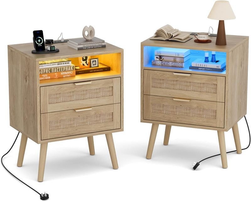 Bedside Tables Natural Rattan and Solid Wood Legs (Set of 2)