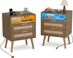 Bedside Tables Natural Rattan and Solid Wood Legs (Set of 2)