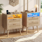 Bedside Tables Natural Rattan and Solid Wood Legs (Set of 2)