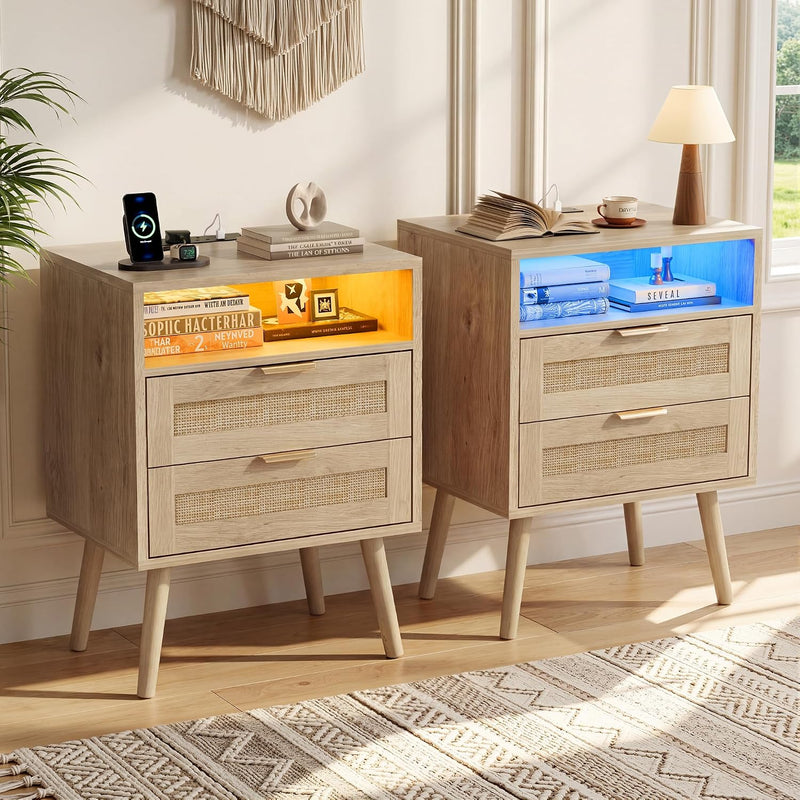 Bedside Tables Natural Rattan and Solid Wood Legs (Set of 2)