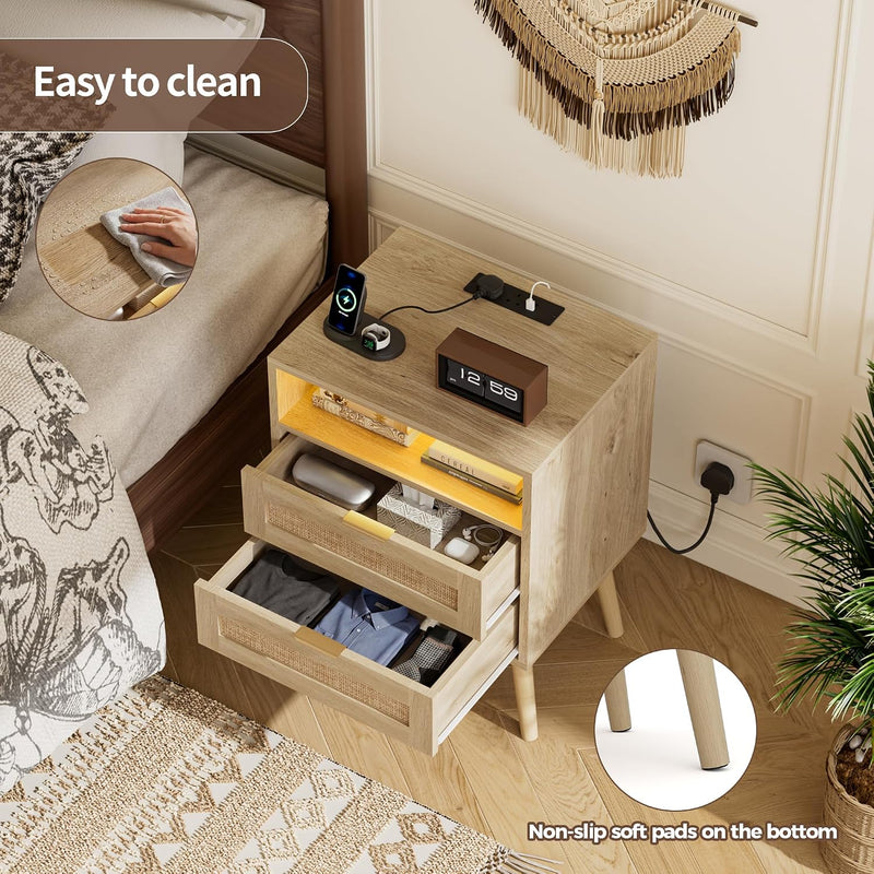 Bedside Tables Natural Rattan and Solid Wood Legs (Set of 2)