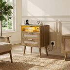 Bedside Tables Natural Rattan and Solid Wood Legs (Set of 2)