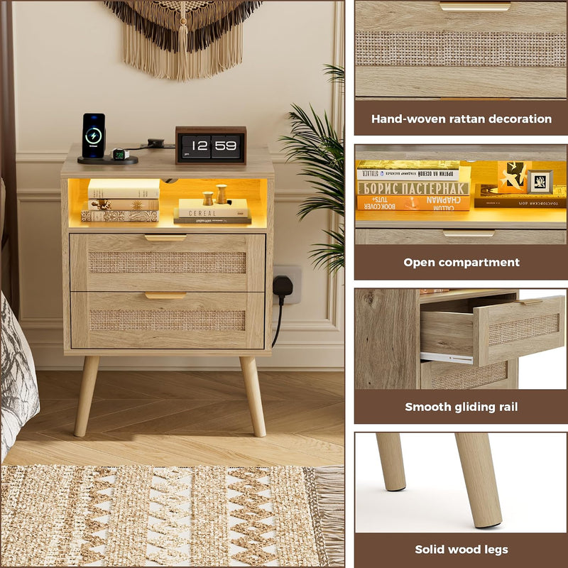 Bedside Tables Natural Rattan and Solid Wood Legs (Set of 2)