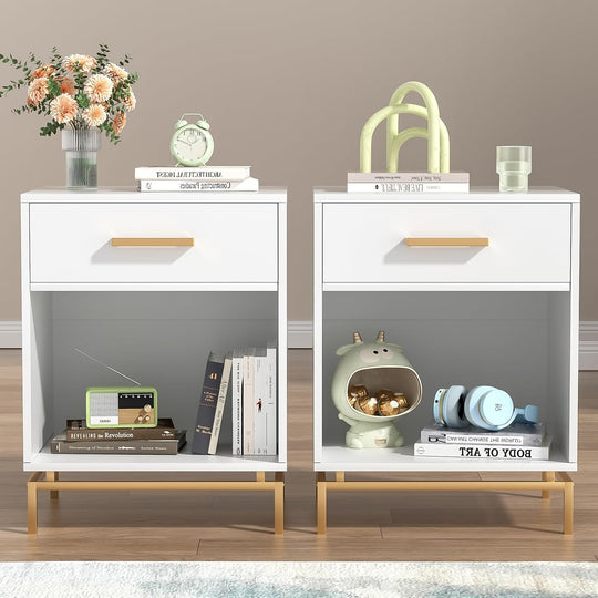 Bedside Tables Cabinet with Drawer Open Shelf Modern (Set of 2)
