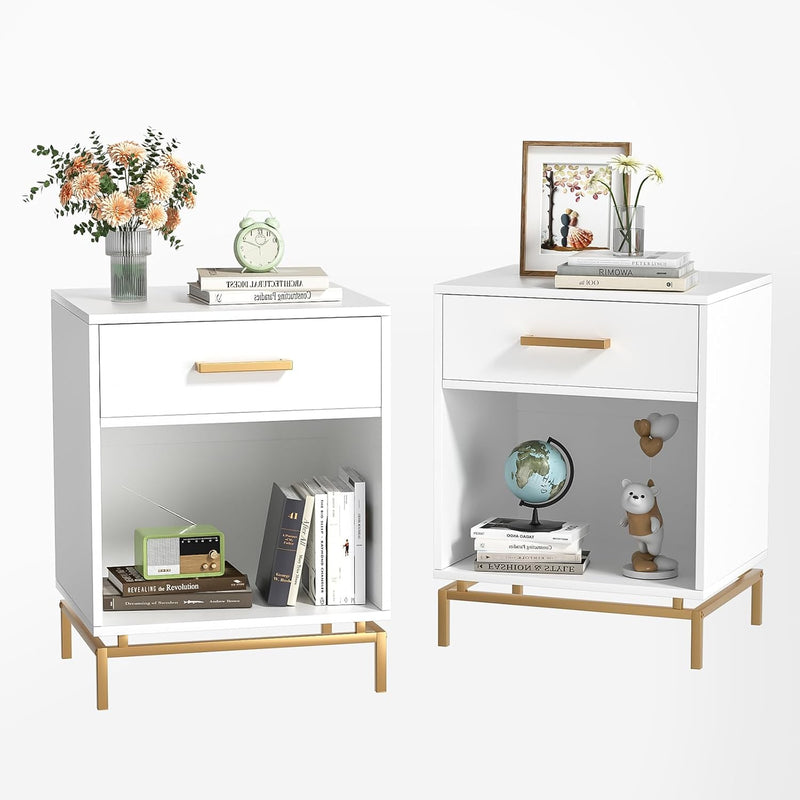 Bedside Tables Cabinet with Drawer Open Shelf Modern (Set of 2)