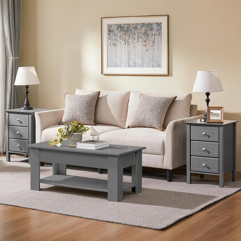 Bedside Tables Nightstands with 3 Drawers (Set of 2)