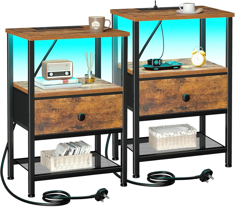 Bedside Tables Side Table with Charging Station Bed (Set of 2)