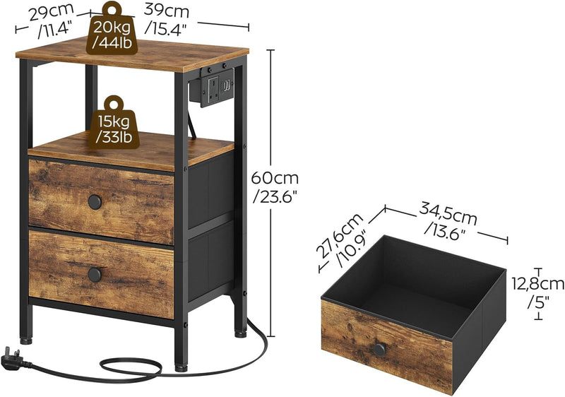 Bedside Tables with Charging Station Nightstands 2 Drawers (Set of 2)
