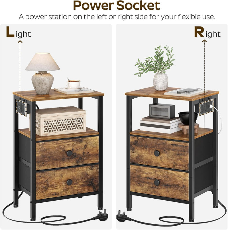 Bedside Tables with Charging Station Nightstands 2 Drawers (Set of 2)