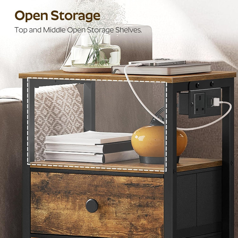 Bedside Tables with Charging Station Nightstands 2 Drawers (Set of 2)