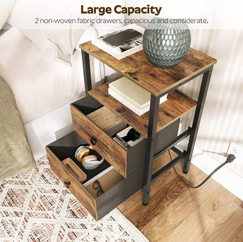 Bedside Tables with Charging Station Nightstands 2 Drawers (Set of 2)