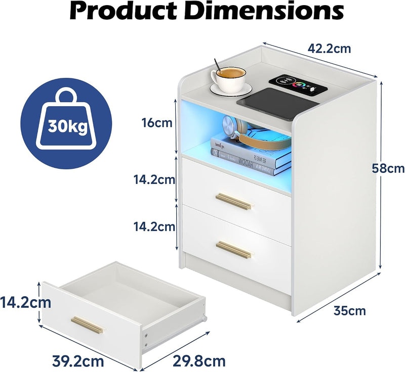 Bedside Tables with Wireless Charging Station and LED (Set of 2)
