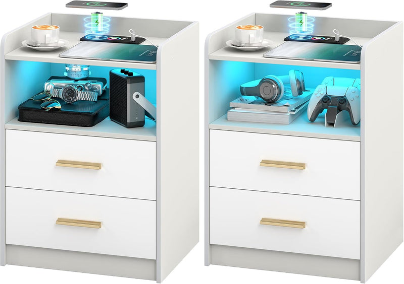 Bedside Tables with Wireless Charging Station and LED (Set of 2)